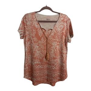 Style&Co Pink Cream Paisley Print‎ Tassel V-Neck Top Short Sleeve Blouse Size M